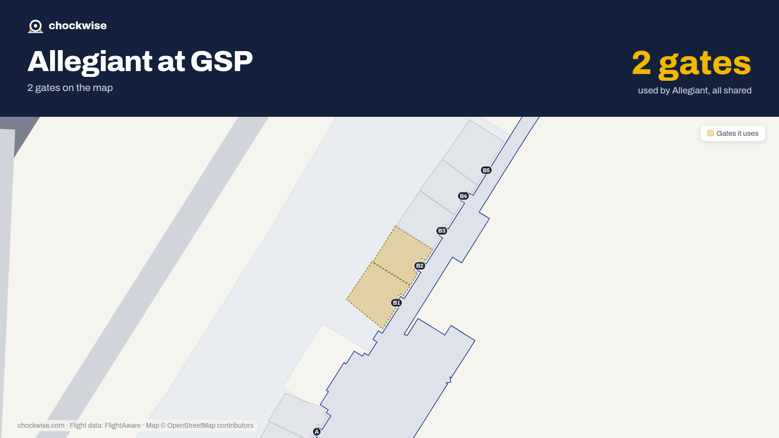 Map of GSP with the gates Allegiant Air uses highlighted: B1 and B2.
