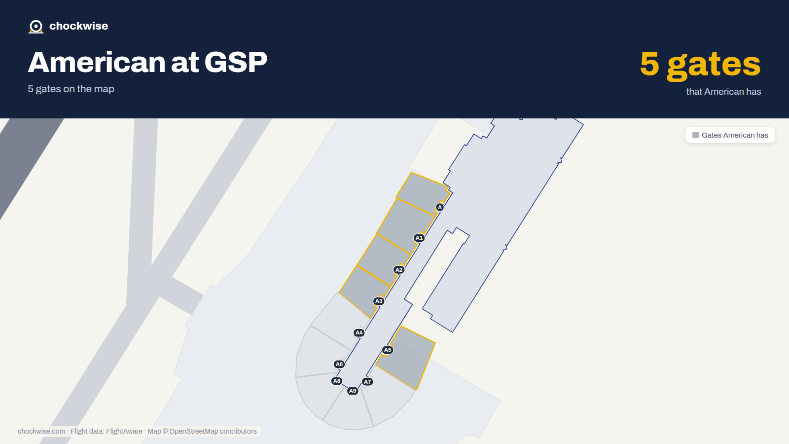 Map of GSP with the gates American Airlines uses highlighted: A1, A2, A3, A5 and A.