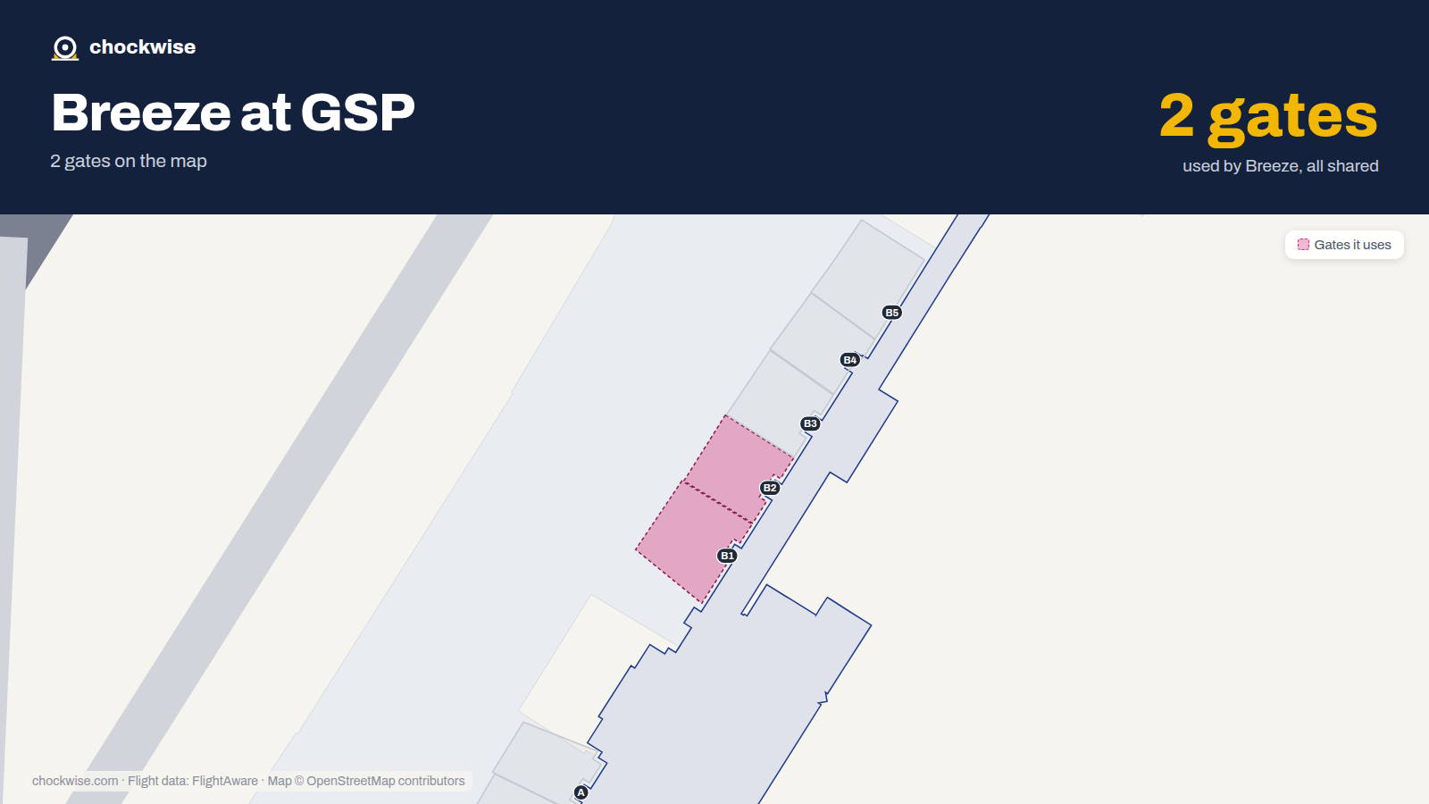 Map of GSP with the gates Breeze Airways uses highlighted: B1 and B2.