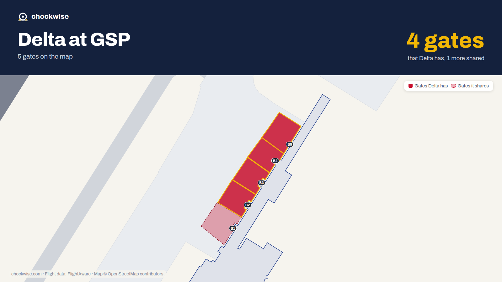 Map of GSP with the gates Delta Air Lines uses highlighted: B2, B3, B4 and B5.