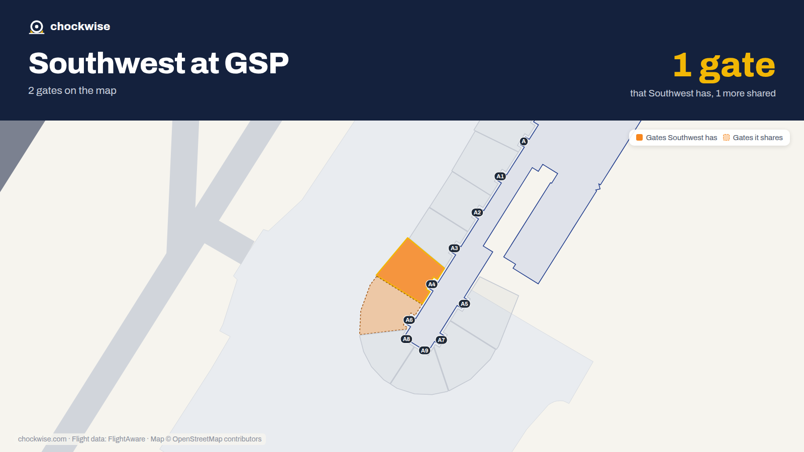 Map of GSP with the gates Southwest Airlines uses highlighted: A4.