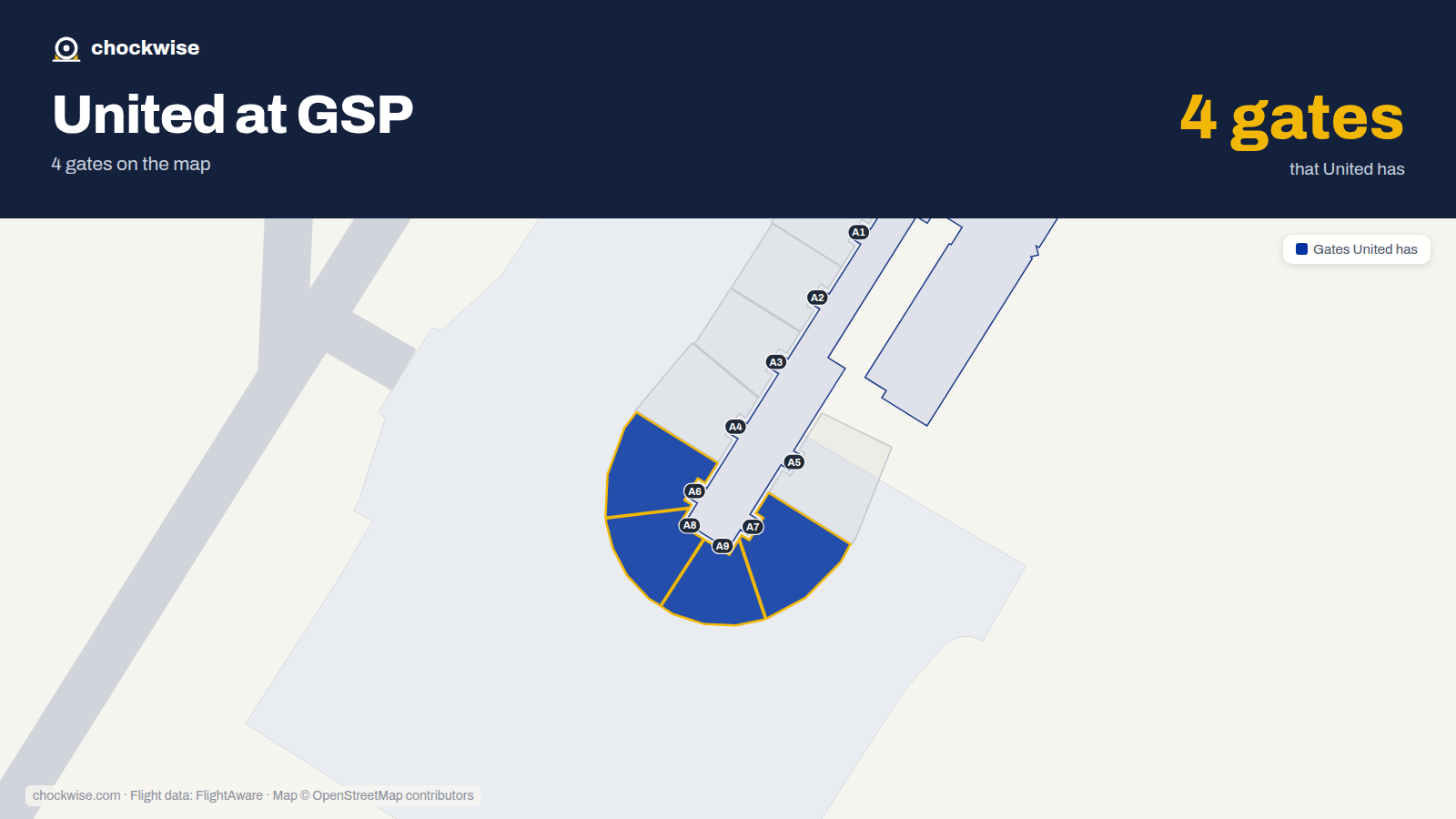 Map of GSP with the gates United Airlines uses highlighted: A6, A7, A8 and A9.