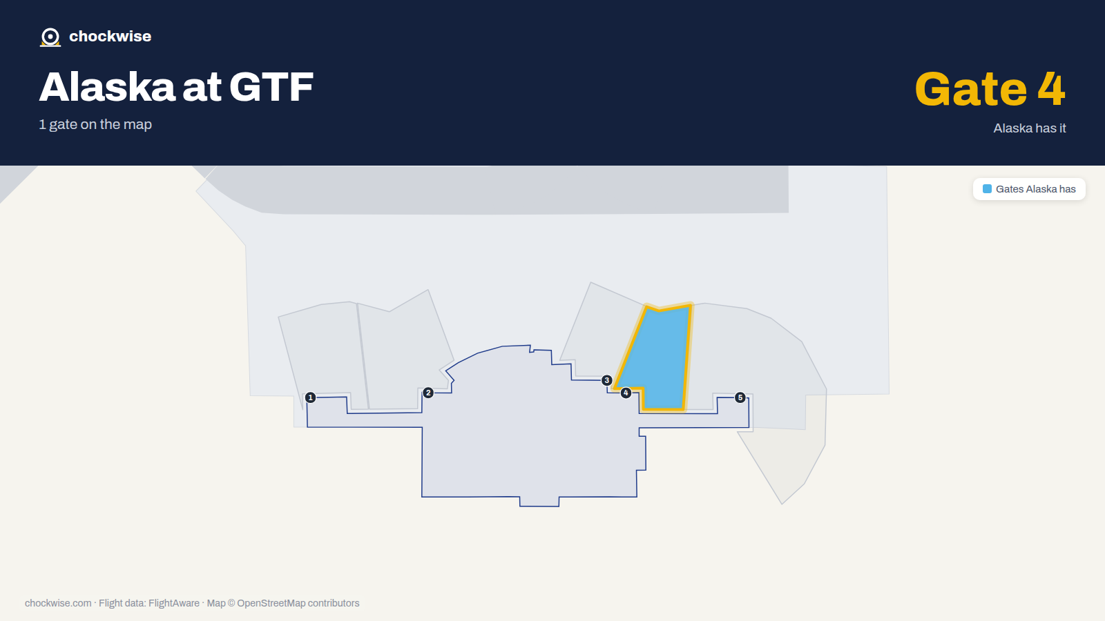 Map of GTF with the gates Alaska Airlines uses highlighted: 4.