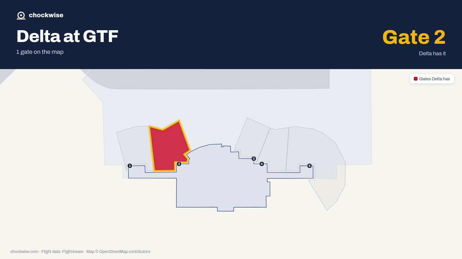 Map of GTF with the gates Delta Air Lines uses highlighted: 2.