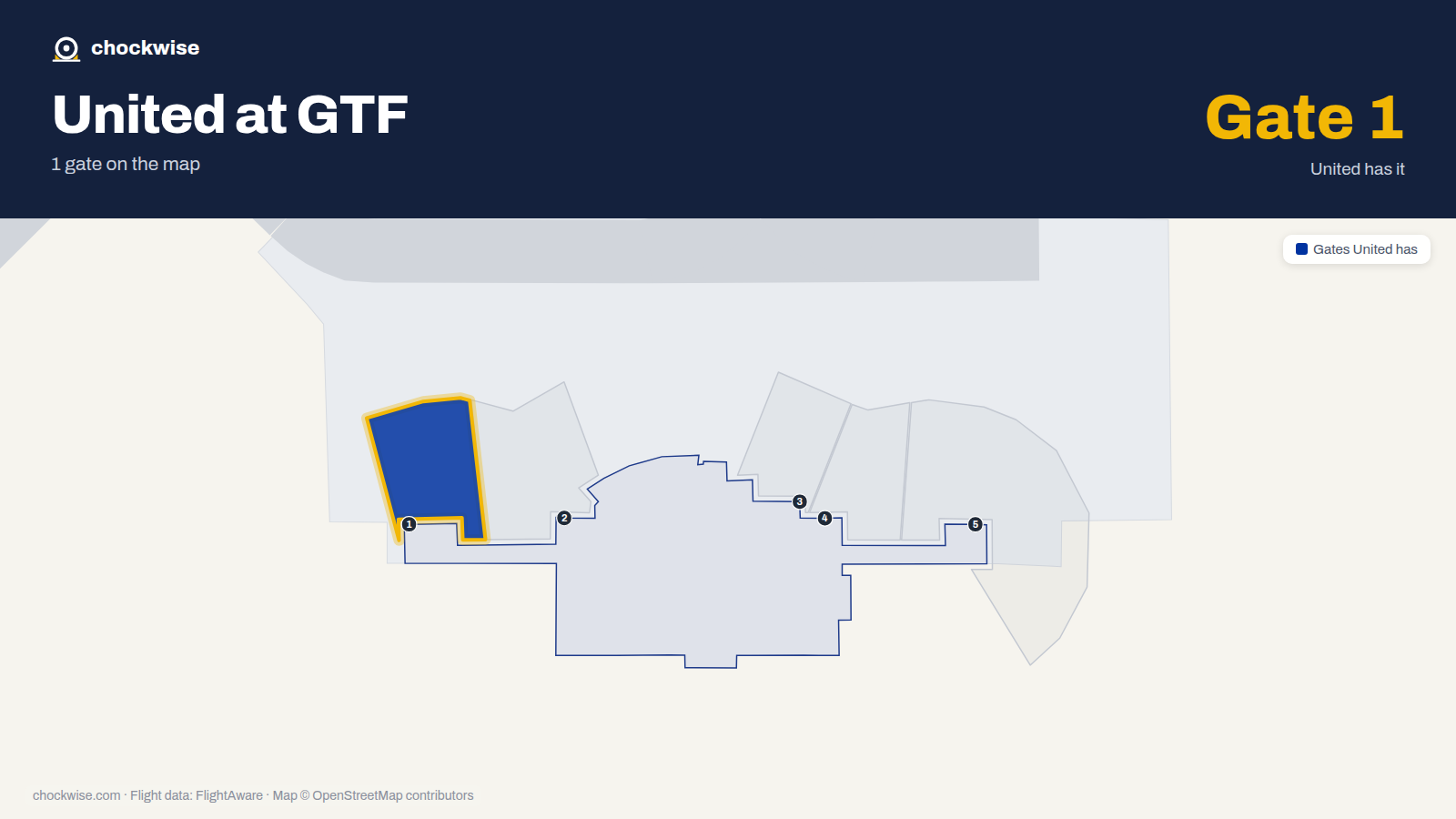 Map of GTF with the gates United Airlines uses highlighted: 1.