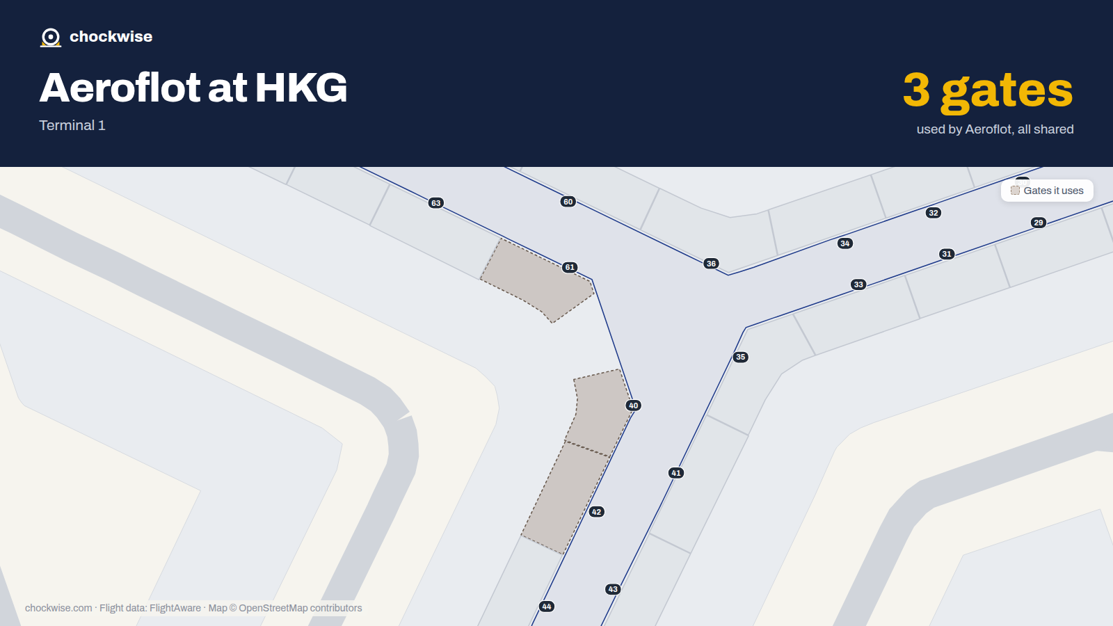 Map of HKG with the gates Aeroflot uses highlighted: 40, 42 and 61.