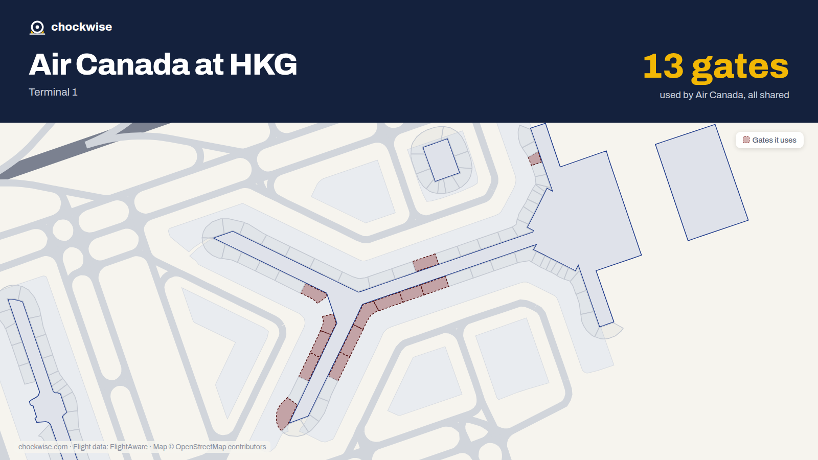 Map of HKG with the gates Air Canada uses highlighted: 7, 29, 30, 31, 33, 35, 40, 41 and 5 more.