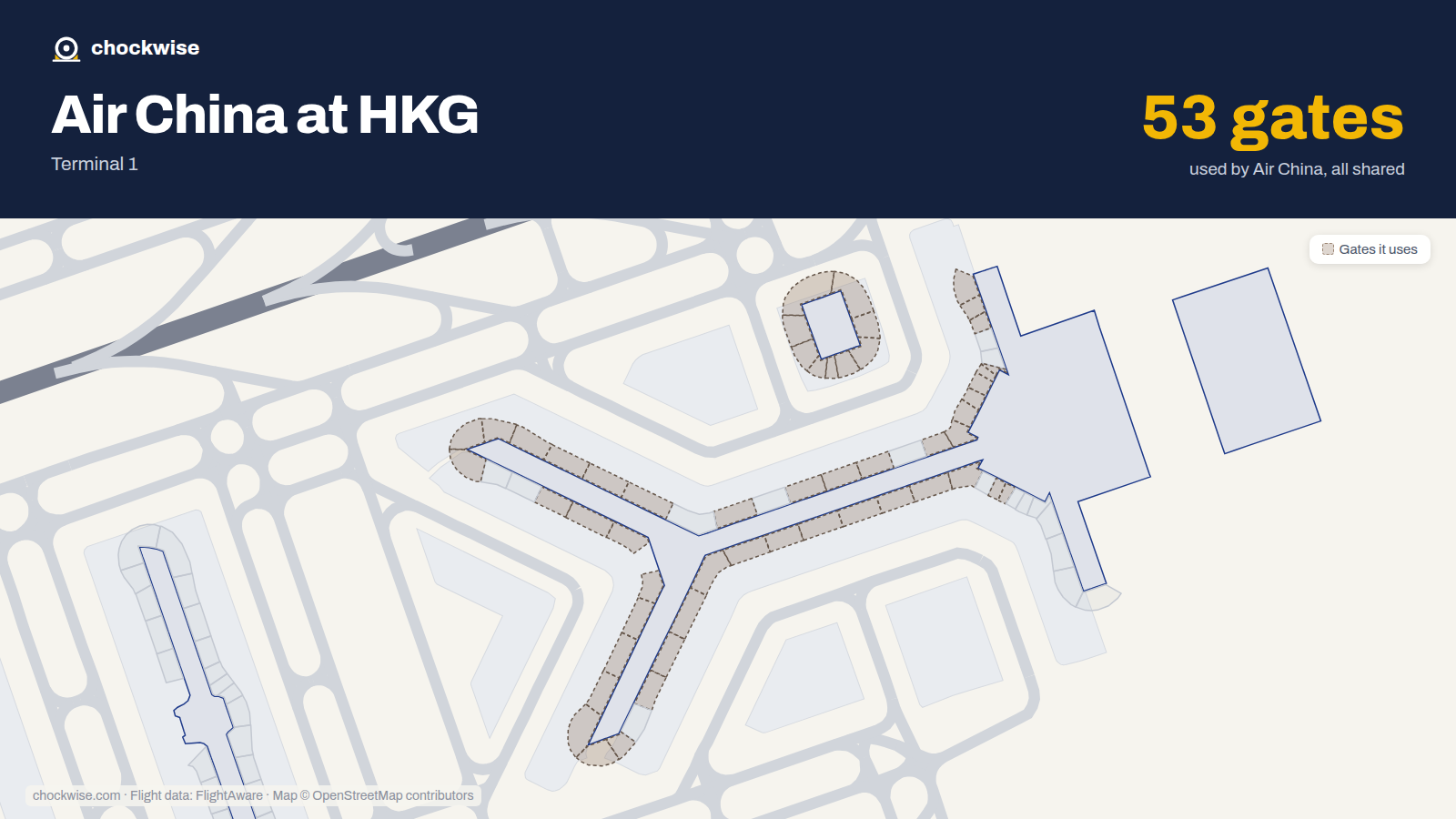 Map of HKG with the gates Air China uses highlighted: 7, 8, 9, 10, 11, 12, 13, 14 and 45 more.