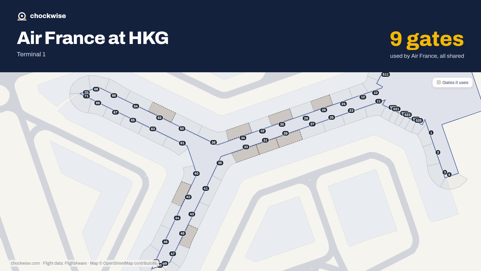 Map of HKG with the gates Air France uses highlighted: 26, 29, 30, 31, 33, 34, 42, 45 and 1 more.