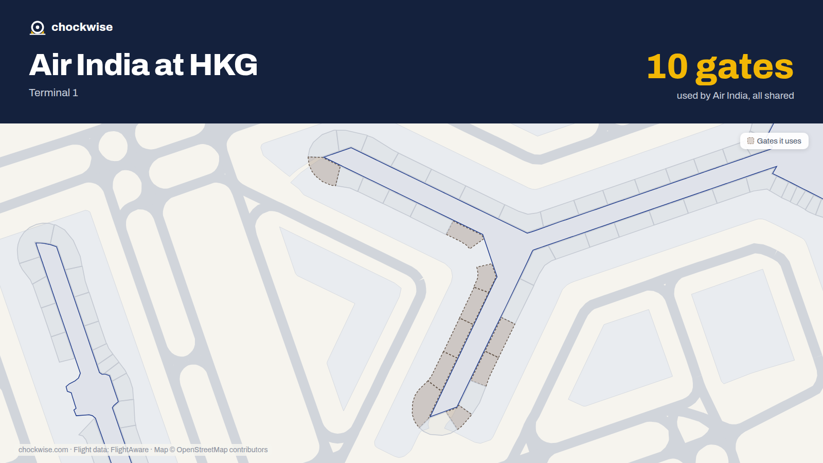 Map of HKG with the gates Air India uses highlighted: 40, 42, 43, 44, 45, 46, 48, 49 and 2 more.