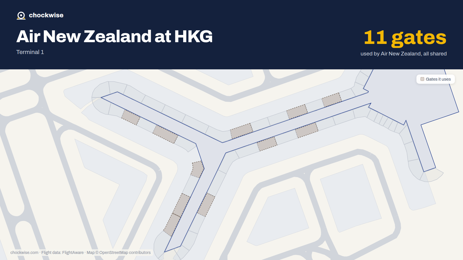 Map of HKG with the gates Air New Zealand uses highlighted: 24, 27, 28, 31, 34, 40, 43, 44 and 3 more.