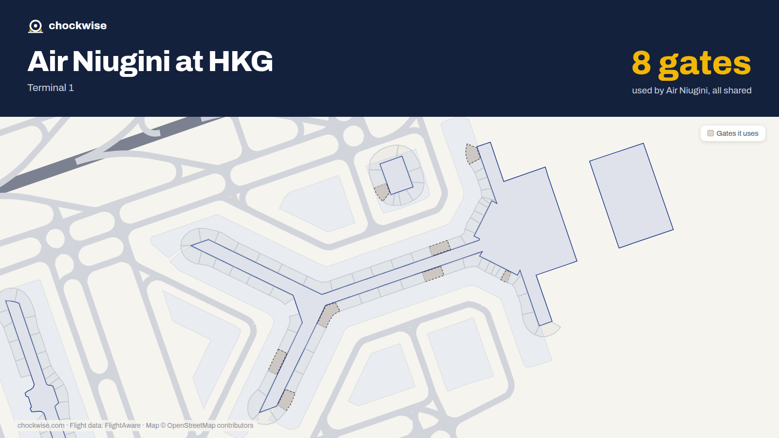 Map of HKG with the gates Air Niugini uses highlighted: 9, 19, 24, 25, 35, 44, 47 and 524.