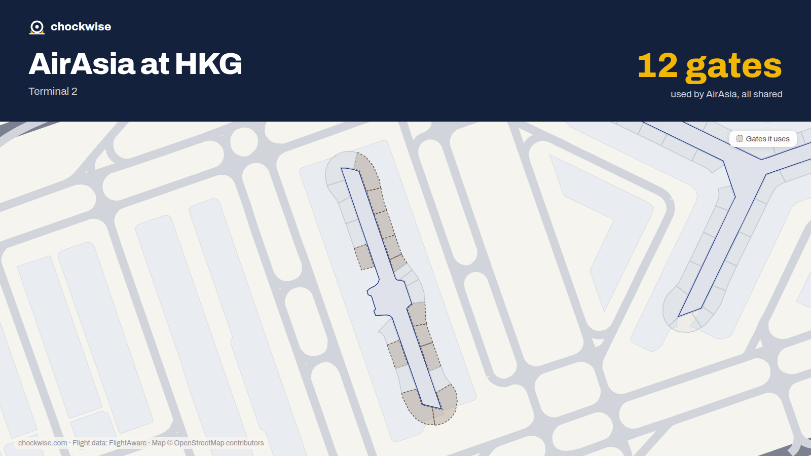 Map of HKG with the gates AirAsia uses highlighted: 201, 203, 205, 207, 209, 210, 211, 213 and 4 more.