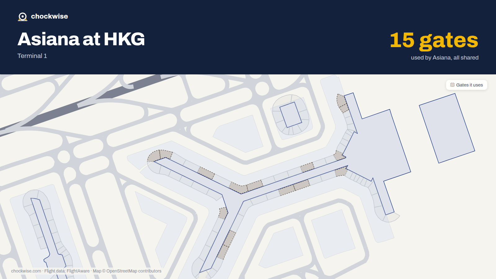 Map of HKG with the gates Asiana Airlines uses highlighted: 8, 9, 10, 11, 26, 27, 29, 34 and 7 more.