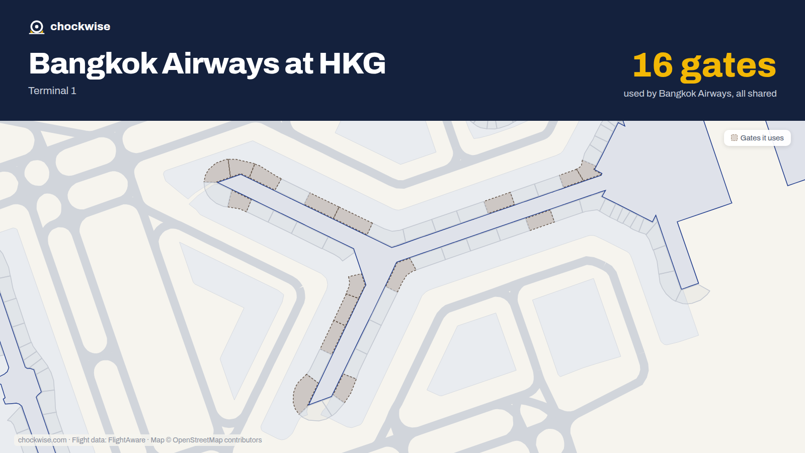 Map of HKG with the gates Bangkok Airways uses highlighted: 10, 12, 25, 28, 35, 40, 42, 44 and 8 more.