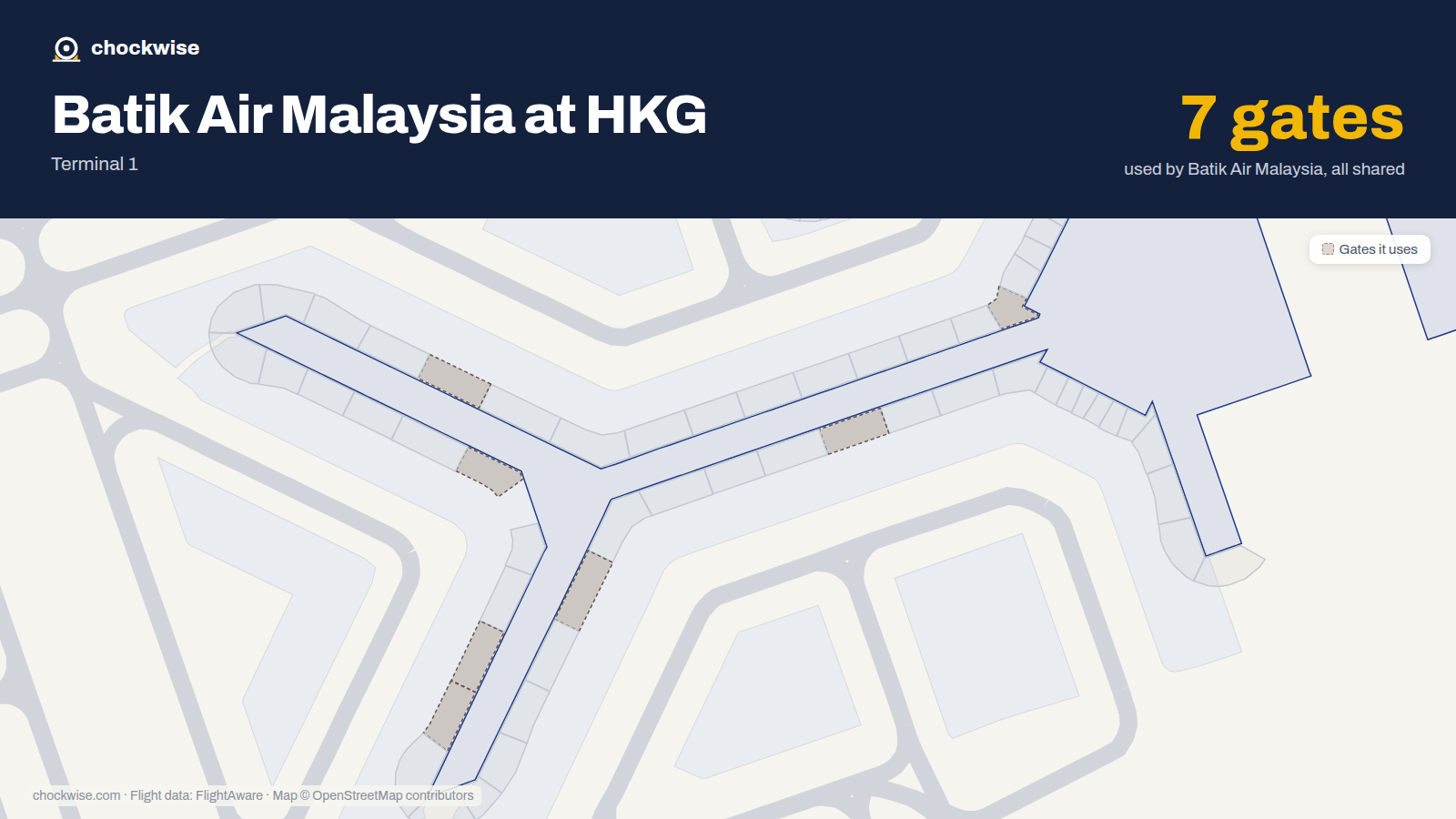 Map of HKG with the gates Batik Air Malaysia uses highlighted: 10, 27, 41, 44, 46, 61 and 62.