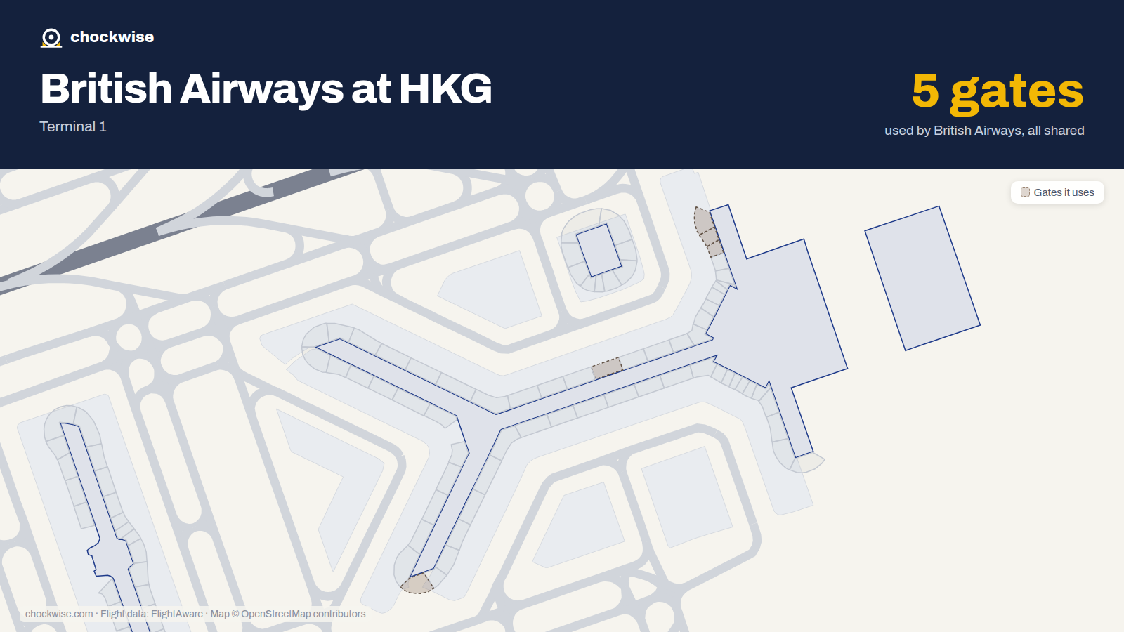 Map of HKG with the gates British Airways uses highlighted: 7, 8, 9, 28 and 50.