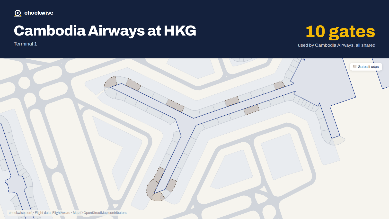 Map of HKG with the gates Cambodia Airways uses highlighted: 12, 27, 30, 46, 47, 48, 50, 60 and 2 more.