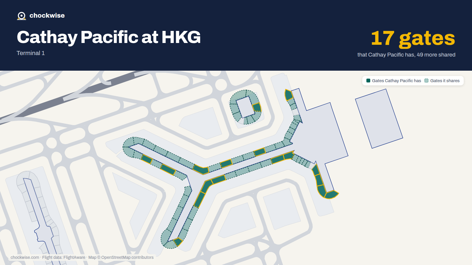 Map of HKG with the gates Cathay Pacific uses highlighted: 1, 2, 3, 4, 9, 11, 14, 23 and 9 more.