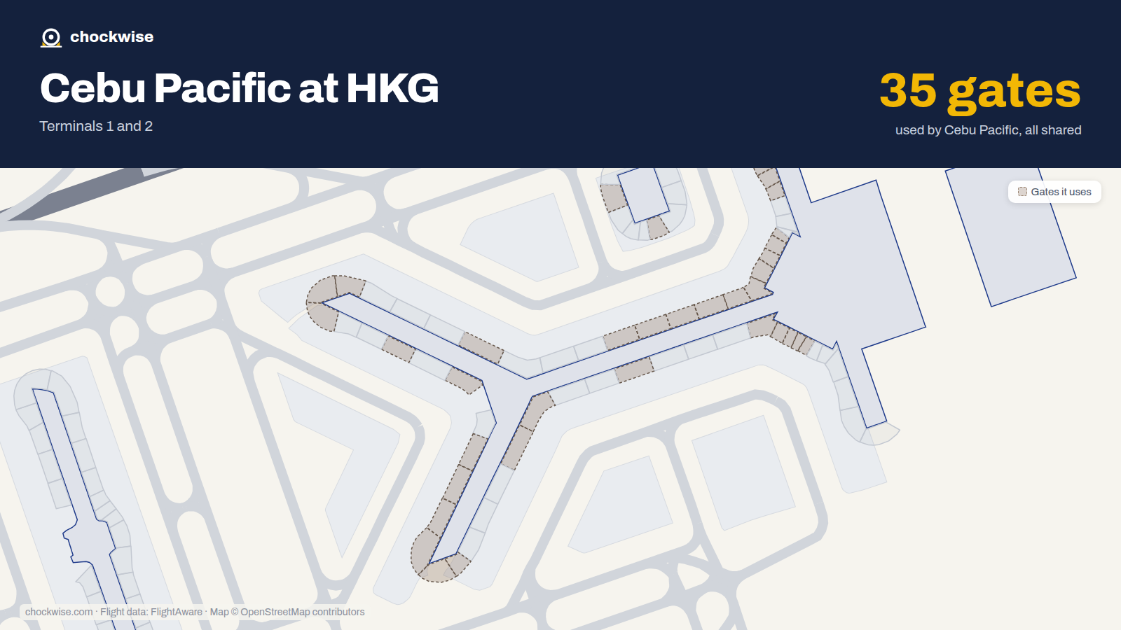 Map of HKG with the gates Cebu Pacific uses highlighted: 7, 8, 9, 10, 11, 12, 16, 20 and 27 more.