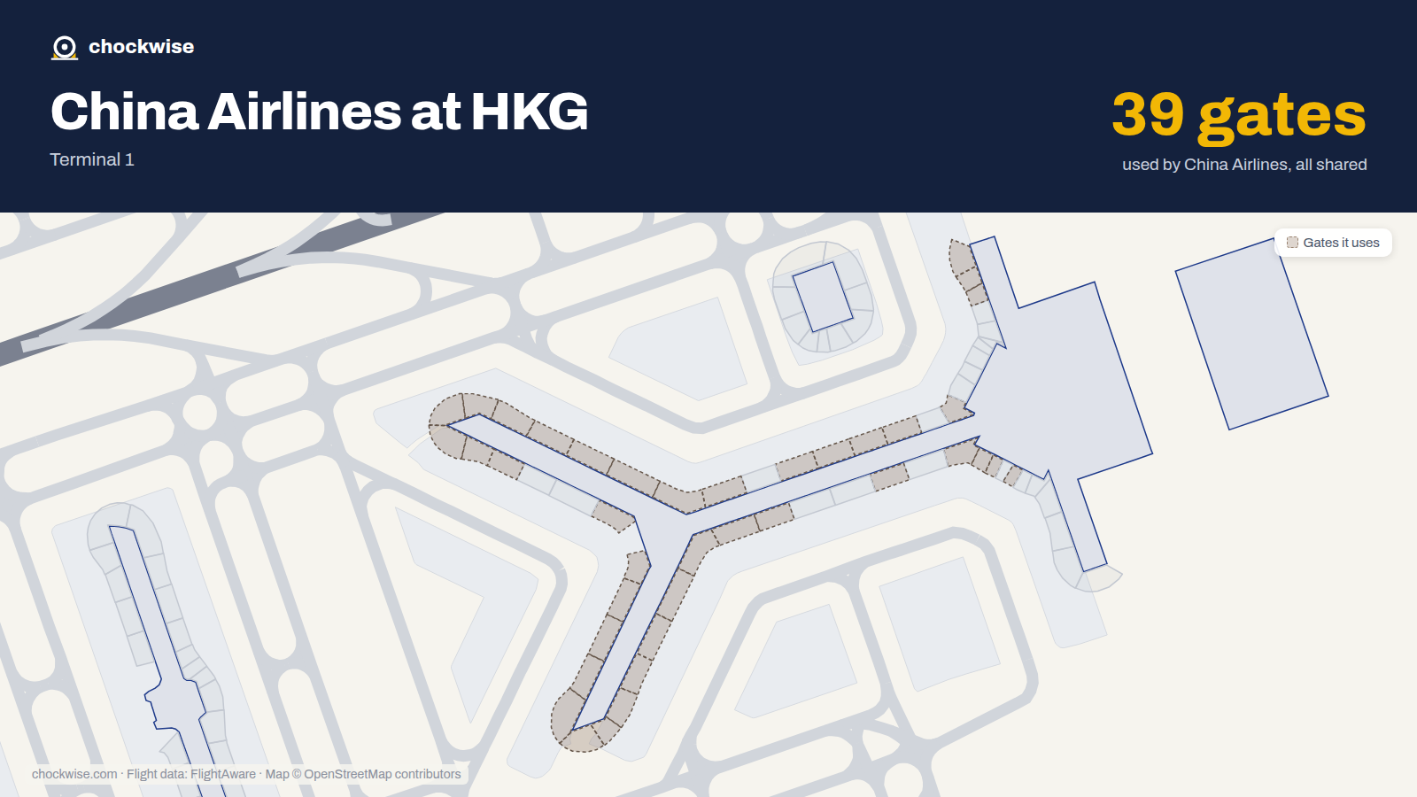 Map of HKG with the gates China Airlines uses highlighted: 7, 8, 9, 10, 11, 24, 25, 26 and 31 more.