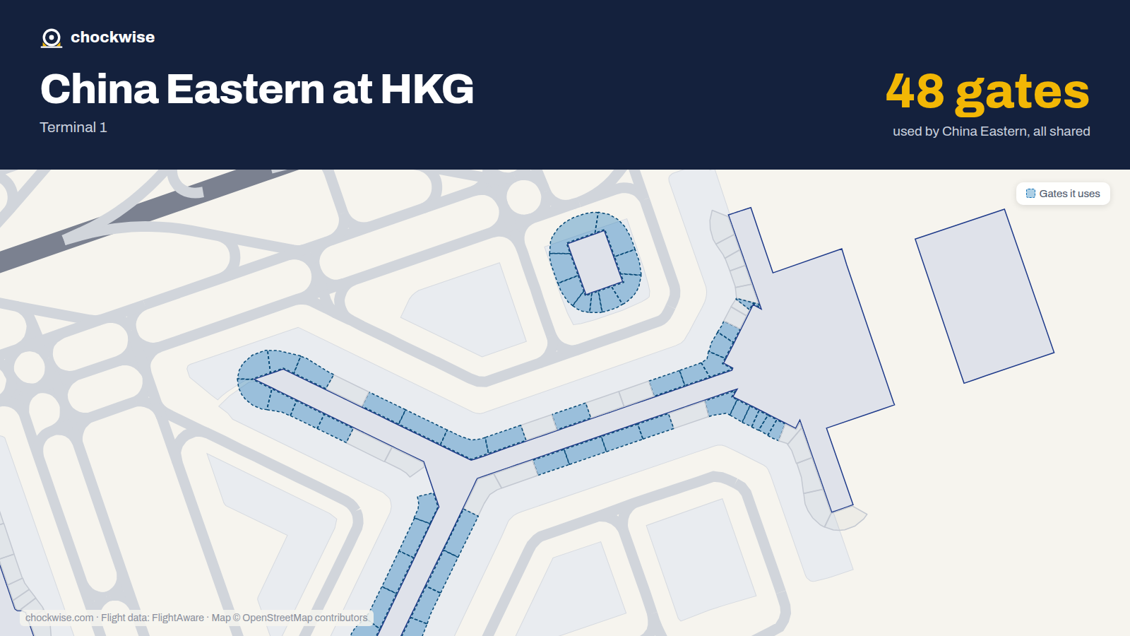 Map of HKG with the gates China Eastern uses highlighted: 10, 11, 12, 13, 14, 15, 16, 17 and 40 more.