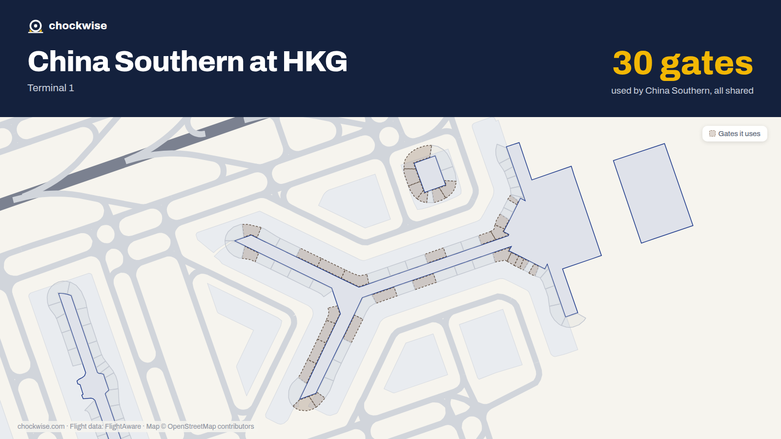 Map of HKG with the gates China Southern uses highlighted: 10, 11, 12, 15, 16, 18, 19, 20 and 22 more.