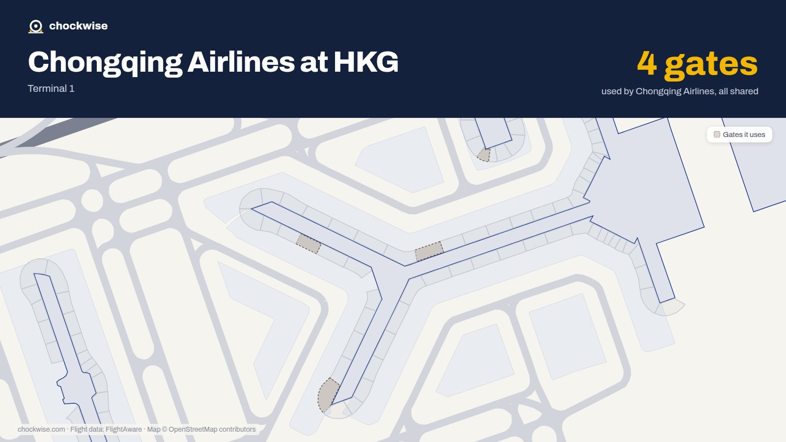 Map of HKG with the gates Chongqing Airlines uses highlighted: 18, 34, 48 and 65.