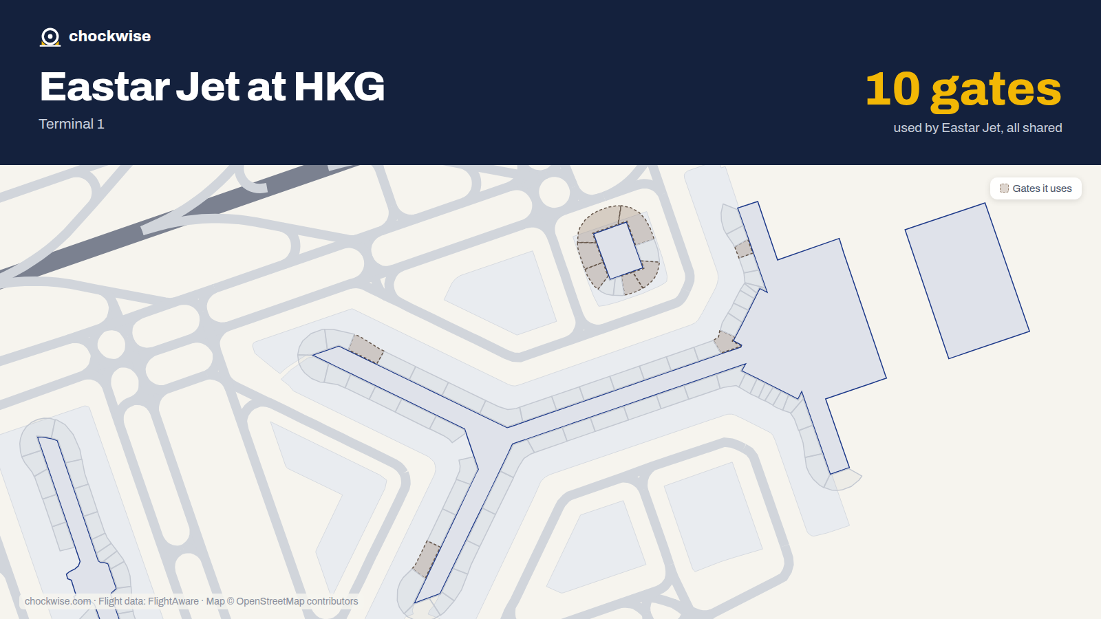 Map of HKG with the gates Eastar Jet uses highlighted: 7, 10, 13, 15, 16, 19, 20, 21 and 2 more.