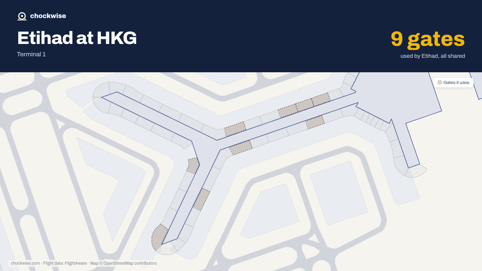 Map of HKG with the gates Etihad Airways uses highlighted: 24, 25, 26, 28, 33, 34, 40, 43 and 1 more.