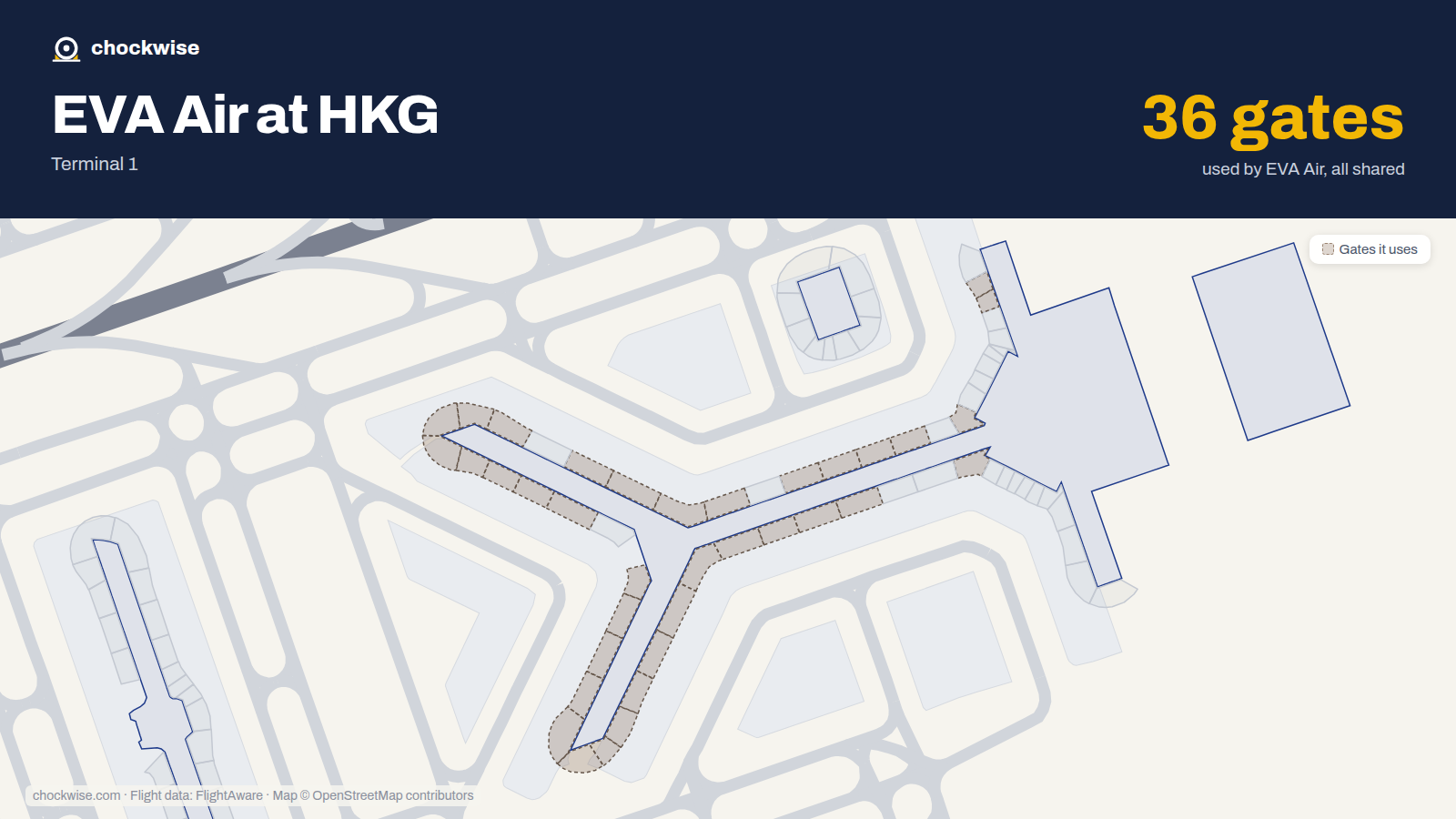 Map of HKG with the gates EVA Air uses highlighted: 7, 8, 10, 11, 24, 26, 27, 28 and 28 more.