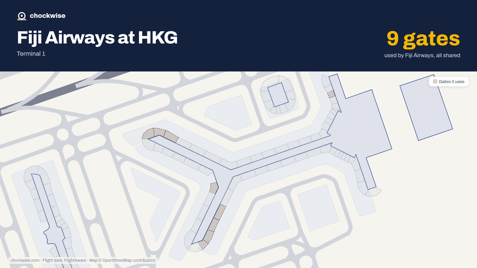 Map of HKG with the gates Fiji Airways uses highlighted: 7, 40, 43, 45, 47, 49, 66, 68 and 1 more.