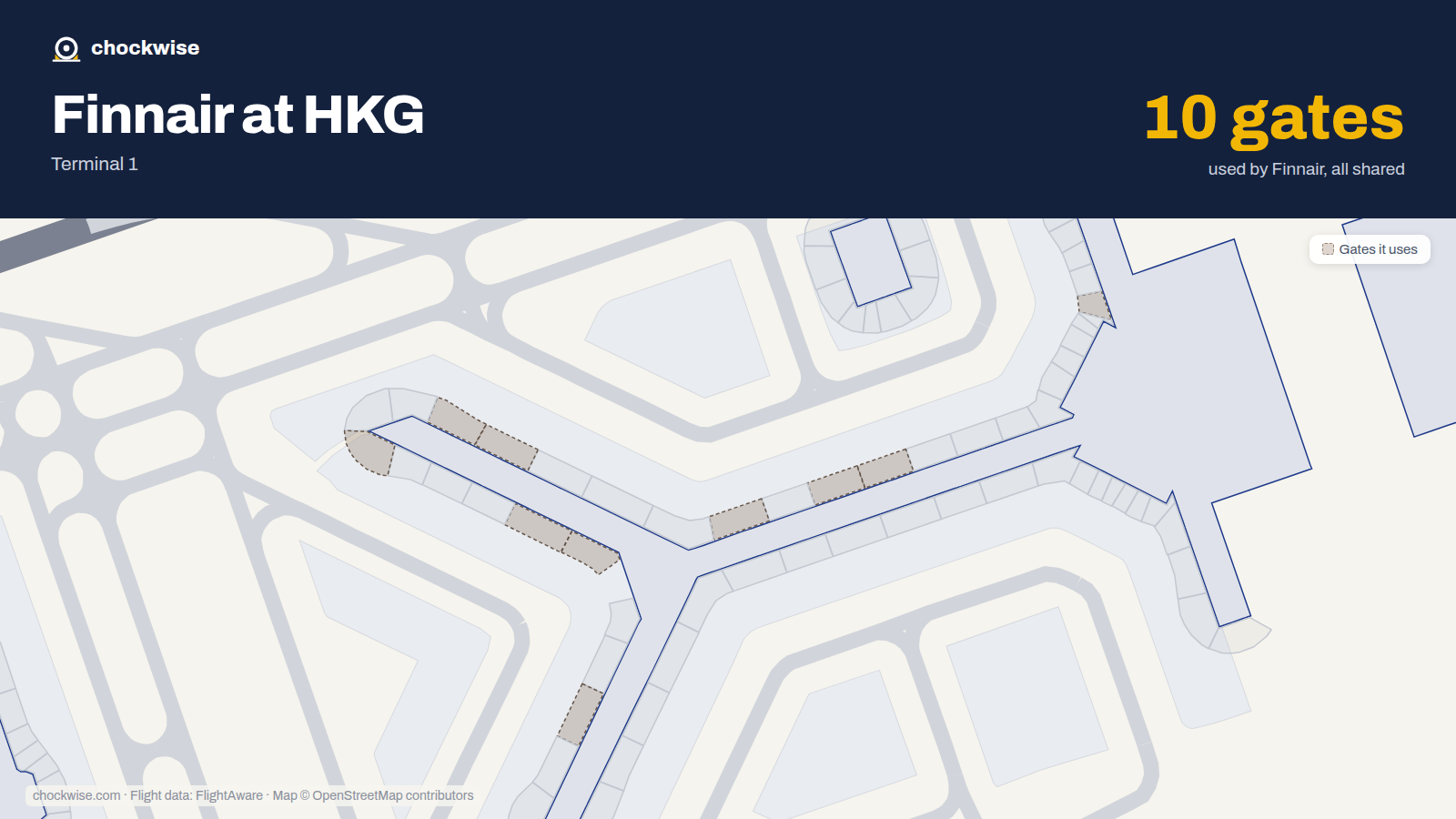 Map of HKG with the gates Finnair uses highlighted: 5, 28, 30, 34, 44, 61, 63, 64 and 2 more.