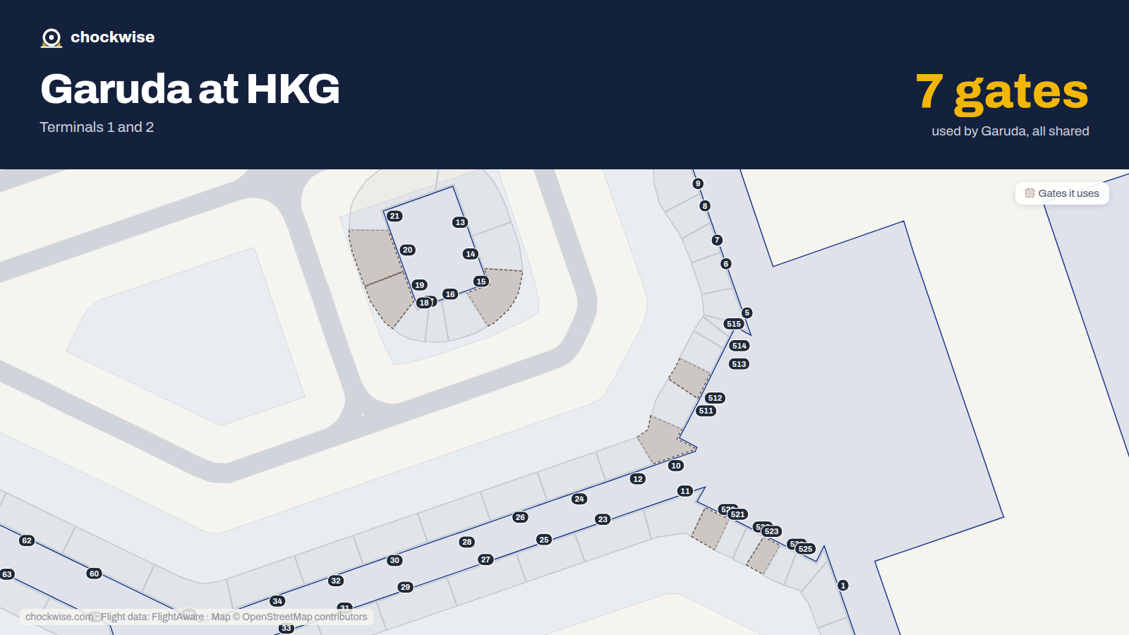Map of HKG with the gates Garuda Indonesia uses highlighted: 10, 15, 19, 20, 512, 520 and 523.