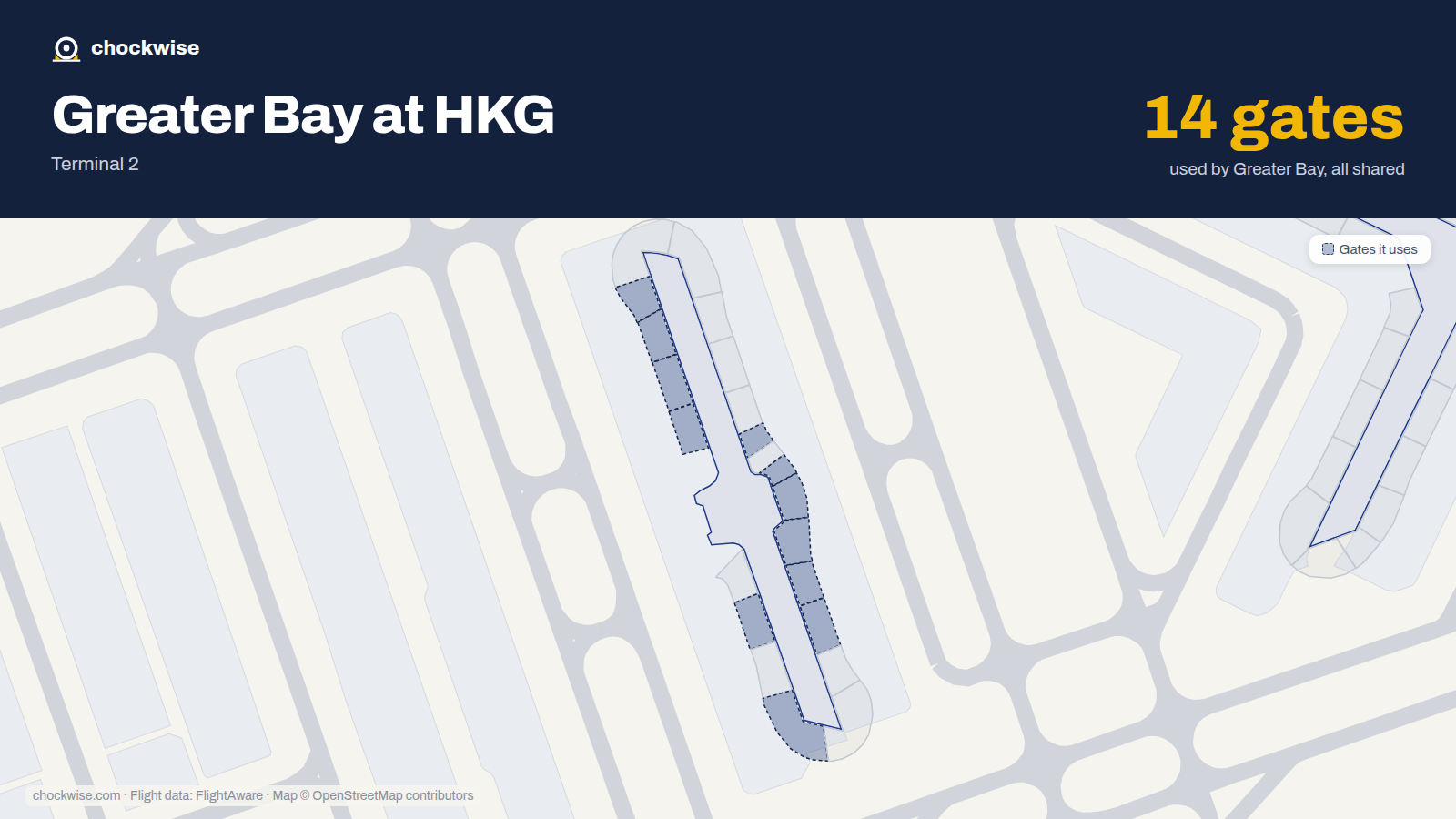 Map of HKG with the gates Greater Bay Airlines uses highlighted: 204, 206, 208, 209, 210, 211, 213, 214 and 6 more.