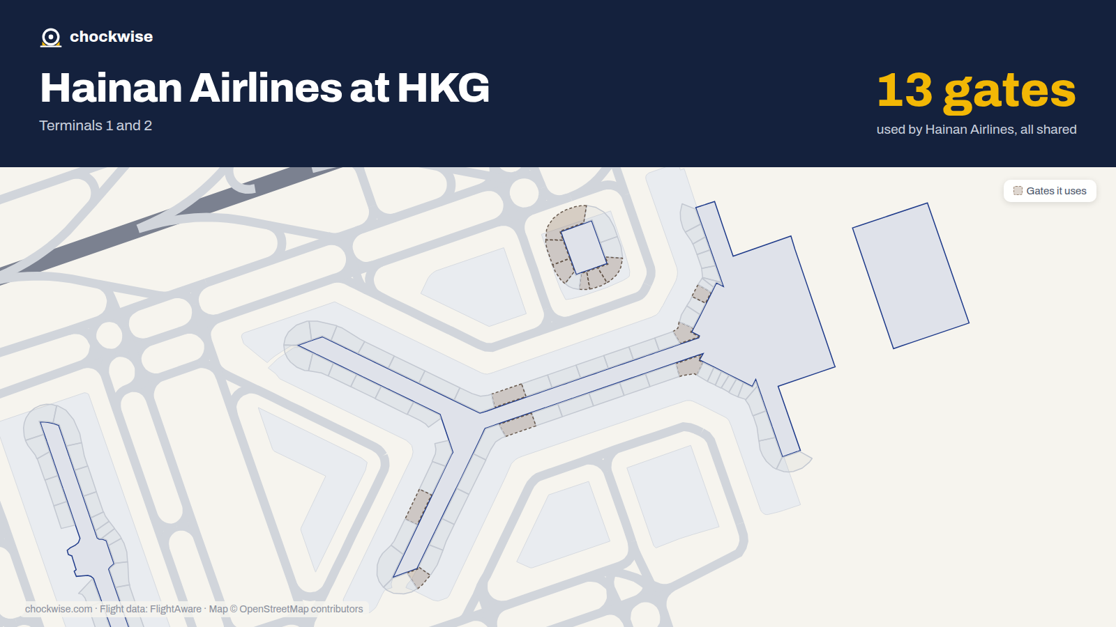 Map of HKG with the gates Hainan Airlines uses highlighted: 10, 11, 15, 16, 17, 19, 20, 21 and 5 more.