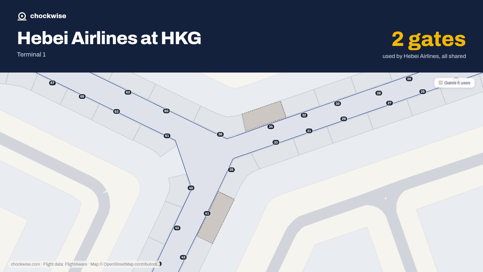 Map of HKG with the gates Hebei Airlines uses highlighted: 34 and 41.