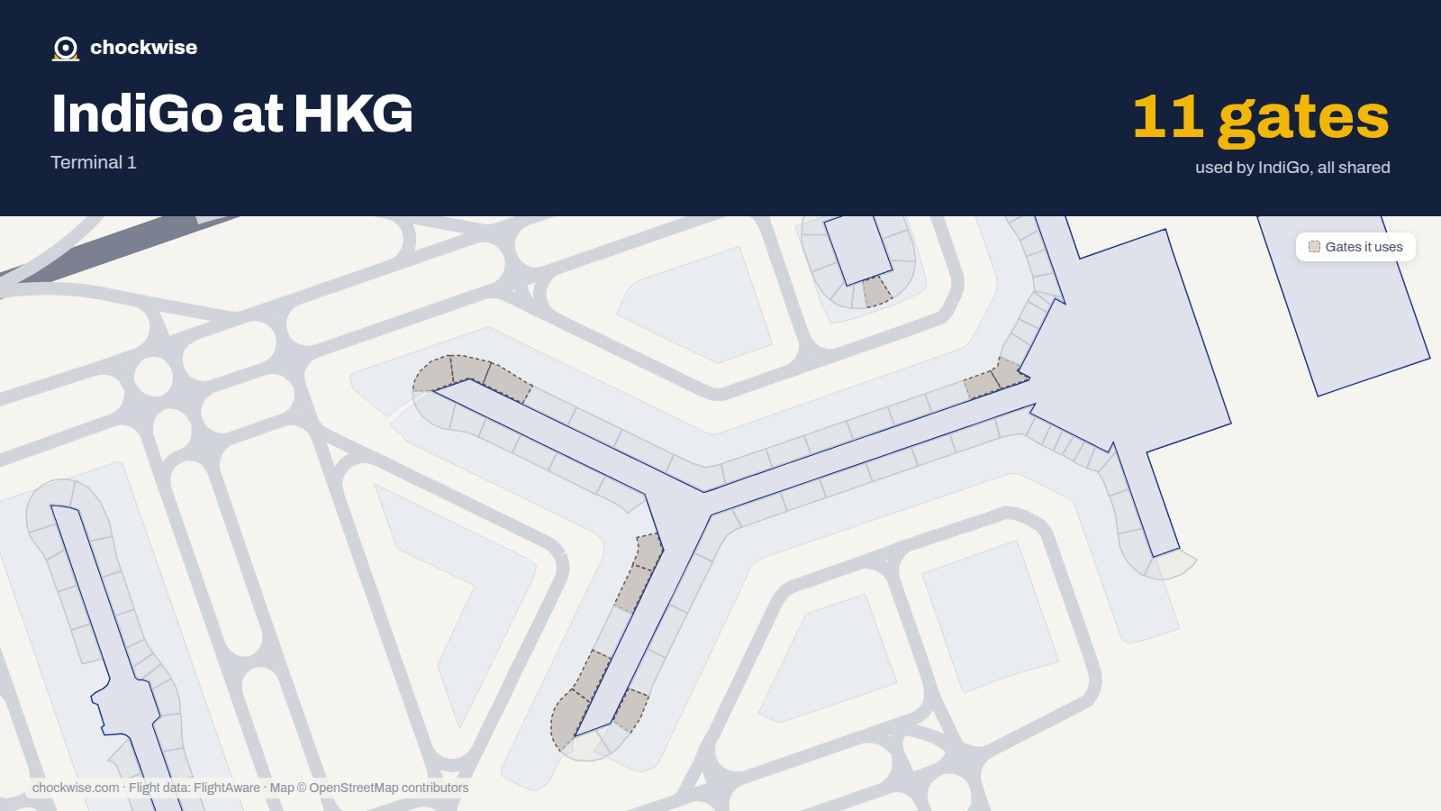 Map of HKG with the gates IndiGo uses highlighted: 10, 12, 16, 40, 42, 46, 47, 48 and 3 more.