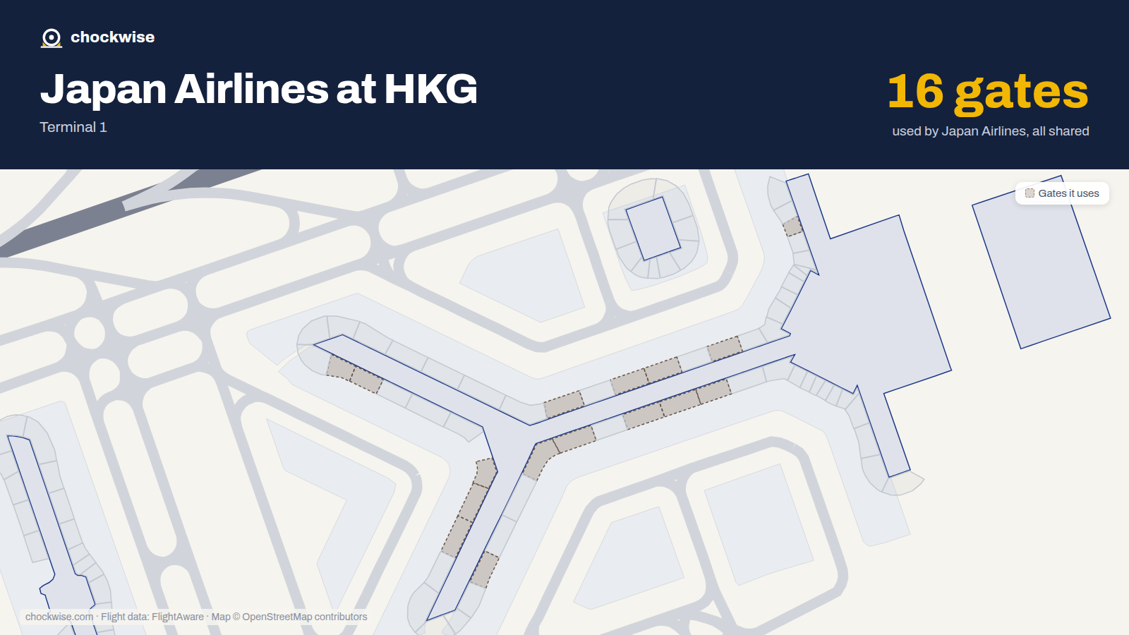 Map of HKG with the gates Japan Airlines uses highlighted: 7, 24, 25, 27, 28, 29, 30, 33 and 8 more.