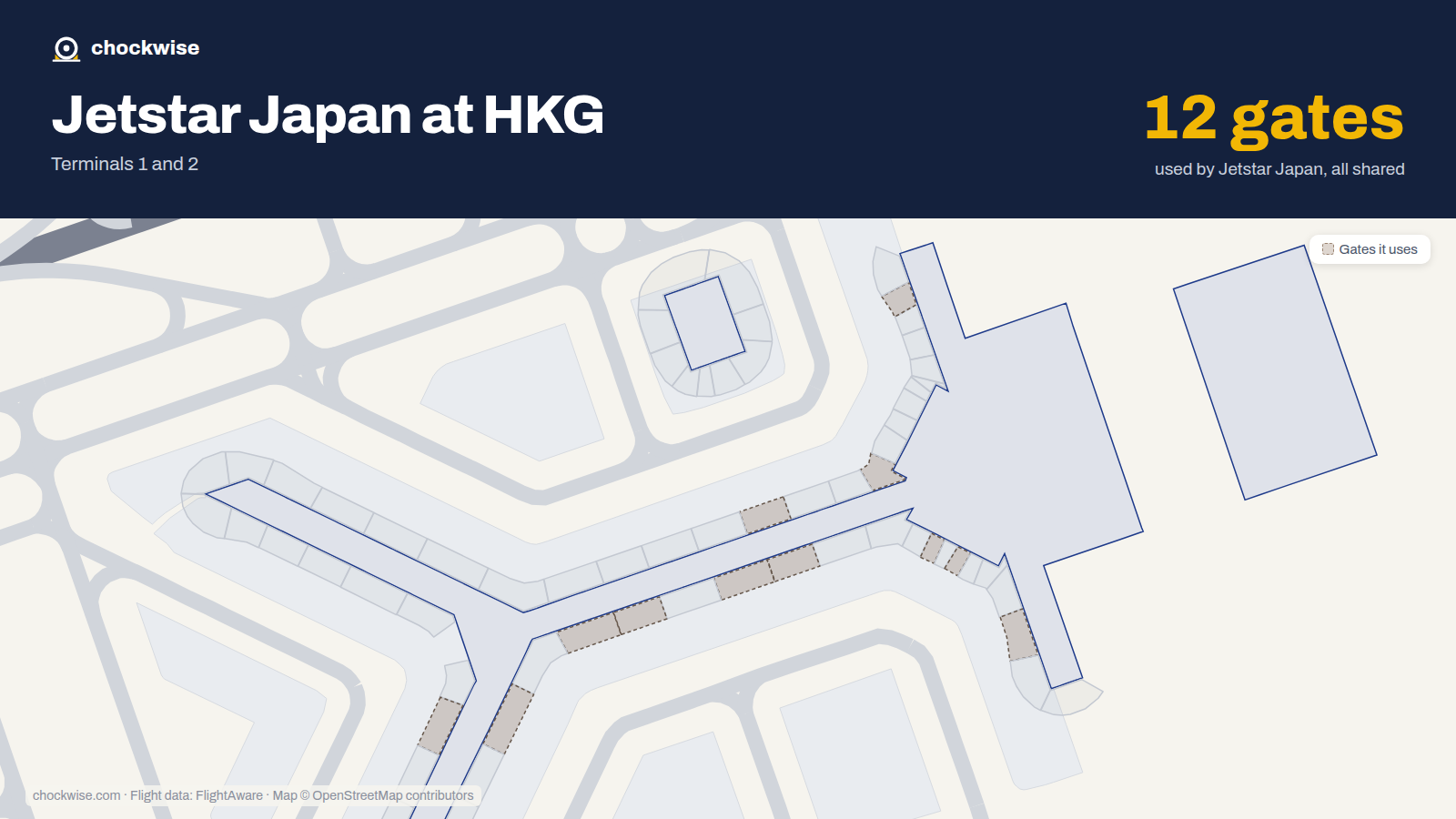 Map of HKG with the gates Jetstar Japan uses highlighted: 2, 8, 10, 25, 26, 27, 31, 33 and 4 more.
