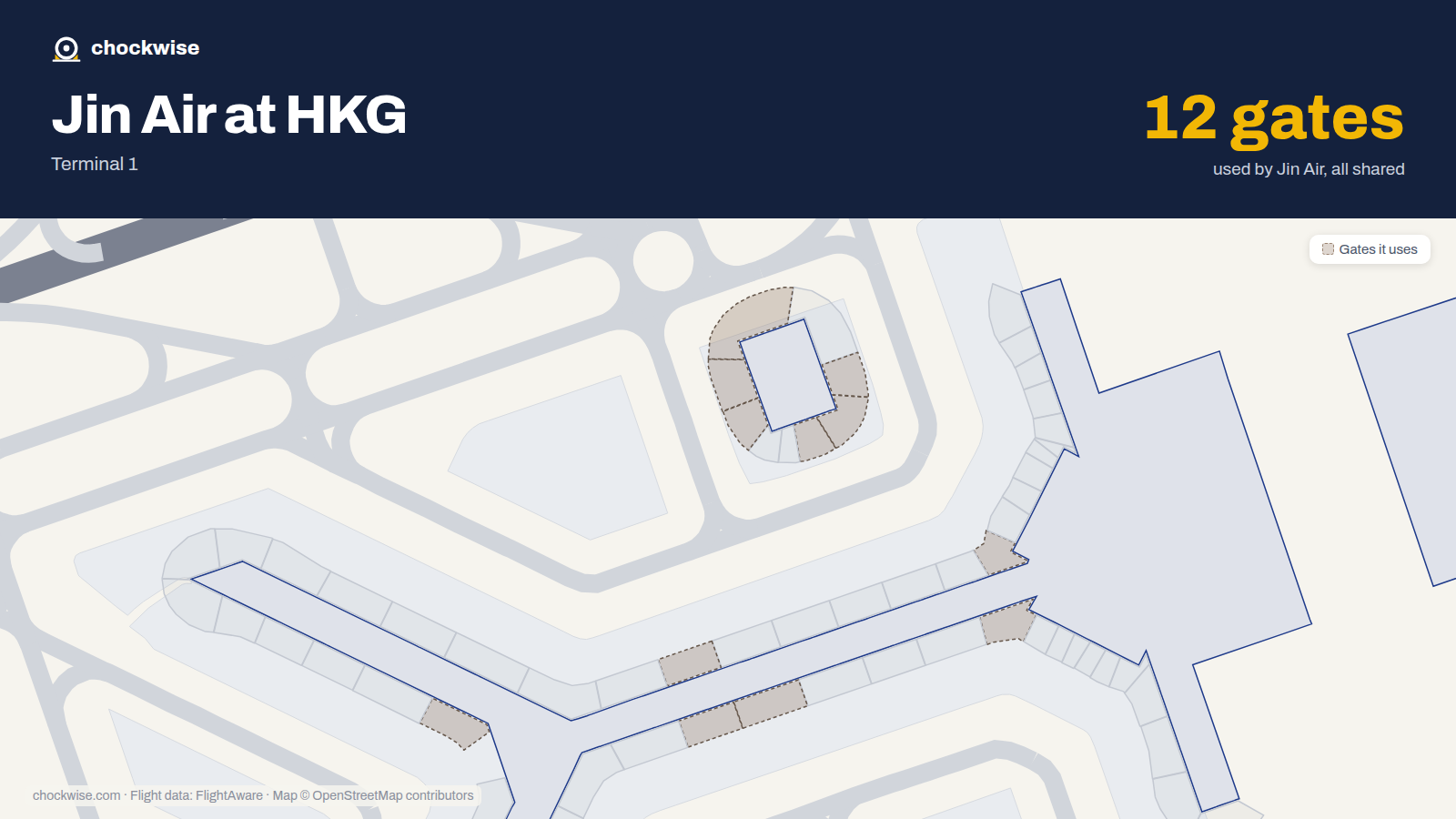 Map of HKG with the gates Jin Air uses highlighted: 10, 11, 14, 15, 16, 19, 20, 21 and 4 more.