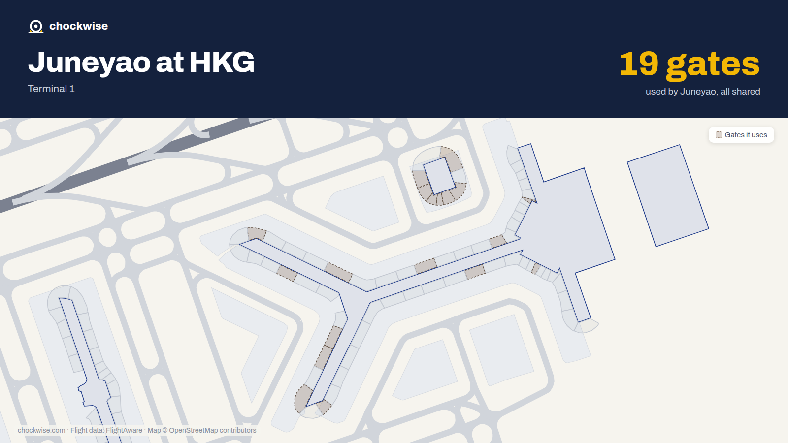 Map of HKG with the gates Juneyao Airlines uses highlighted: 12, 13, 15, 16, 17, 18, 19, 20 and 11 more.