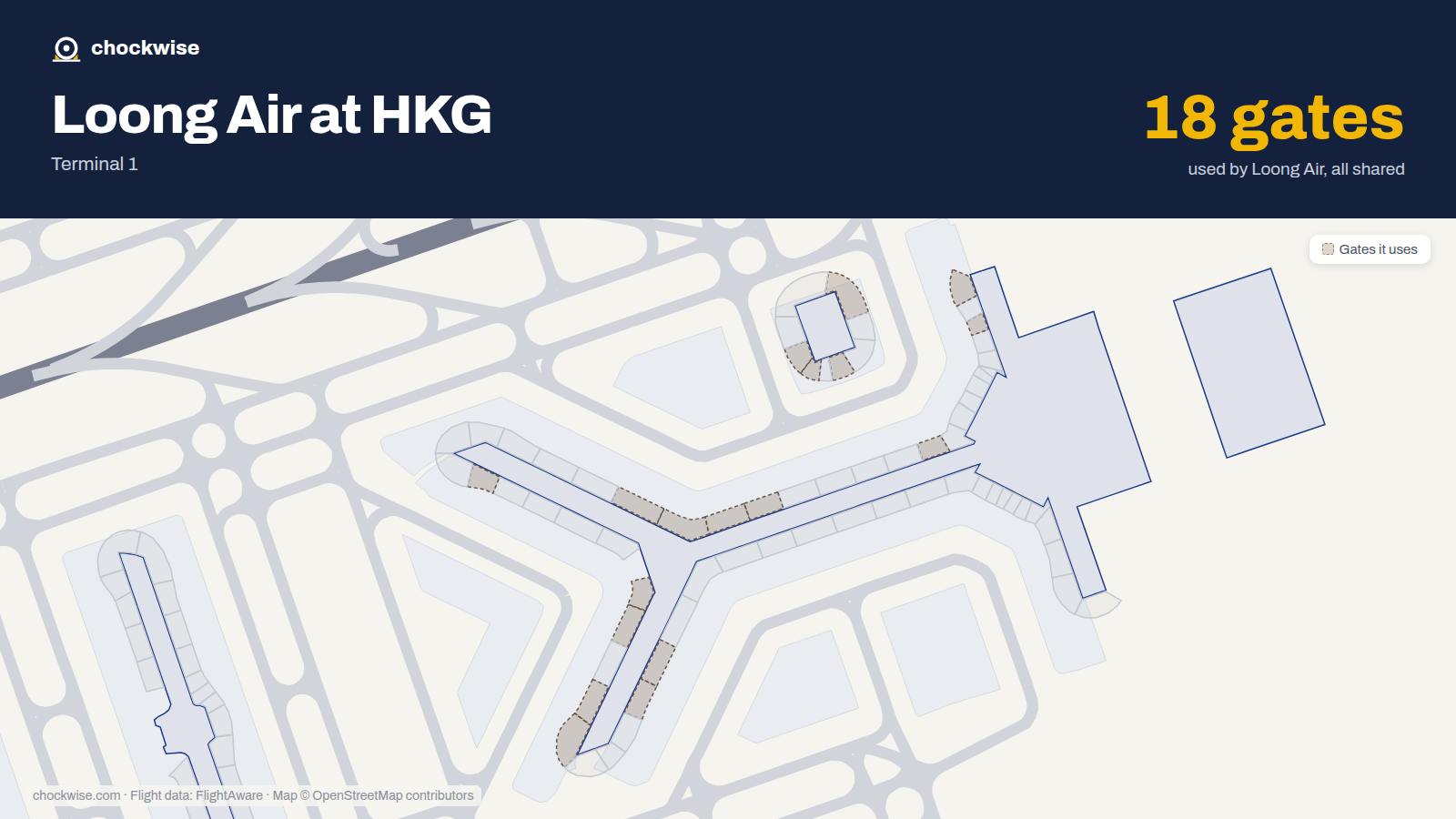 Map of HKG with the gates Loong Air uses highlighted: 7, 9, 12, 13, 16, 18, 19, 32 and 10 more.