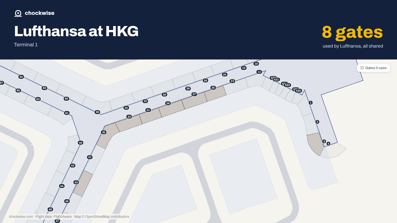 Map of HKG with the gates Lufthansa uses highlighted: 3, 25, 27, 29, 31, 33, 35 and 43.
