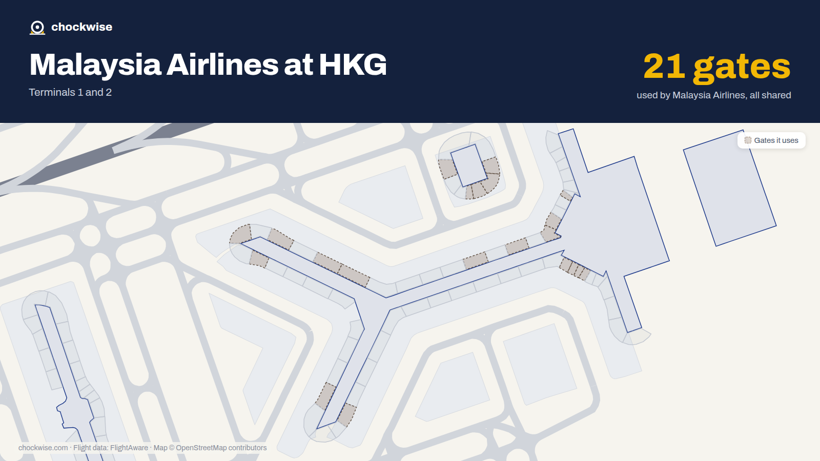 Map of HKG with the gates Malaysia Airlines uses highlighted: 10, 14, 15, 16, 17, 20, 24, 28 and 13 more.