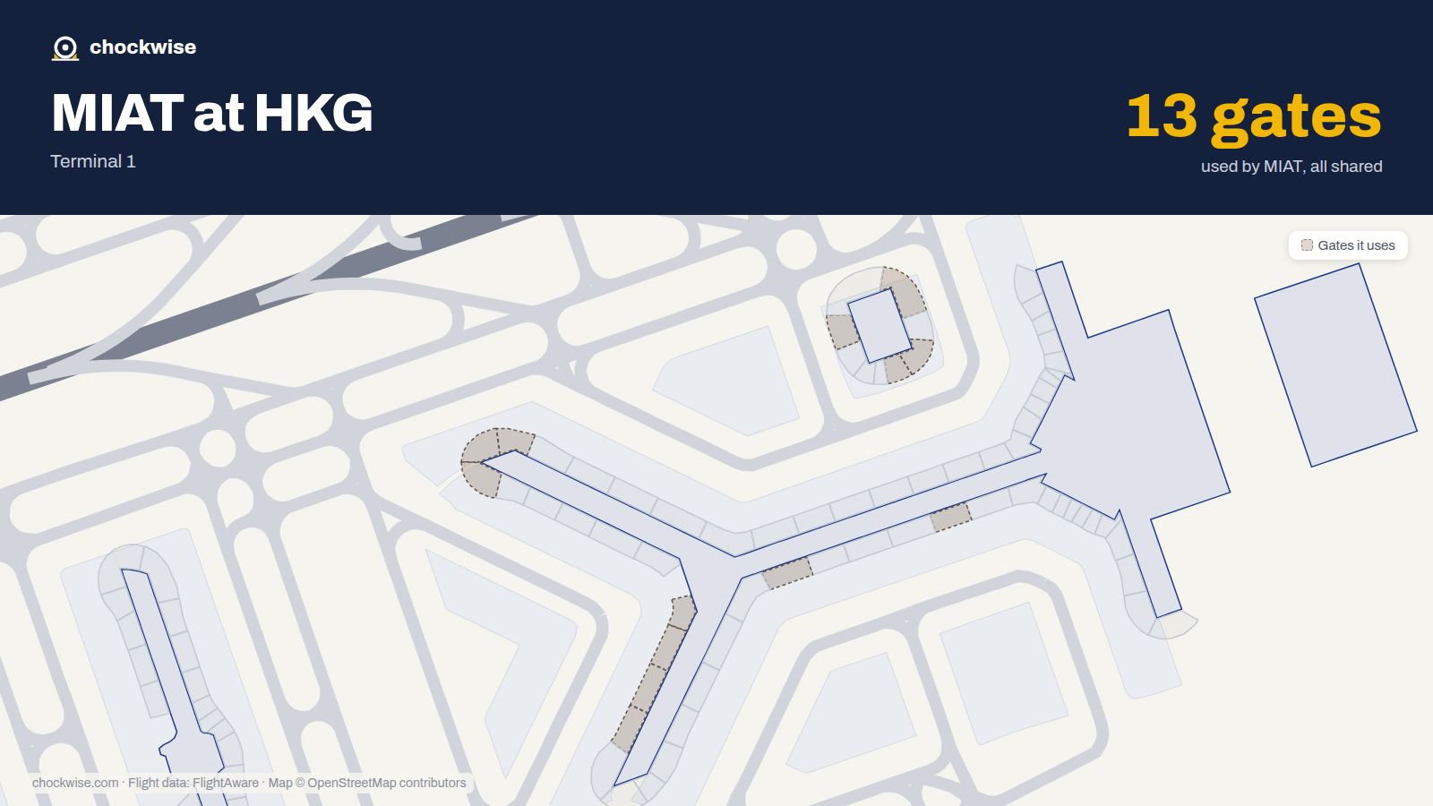 Map of HKG with the gates MIAT Mongolian Airlines uses highlighted: 13, 15, 16, 20, 25, 33, 40, 42 and 5 more.