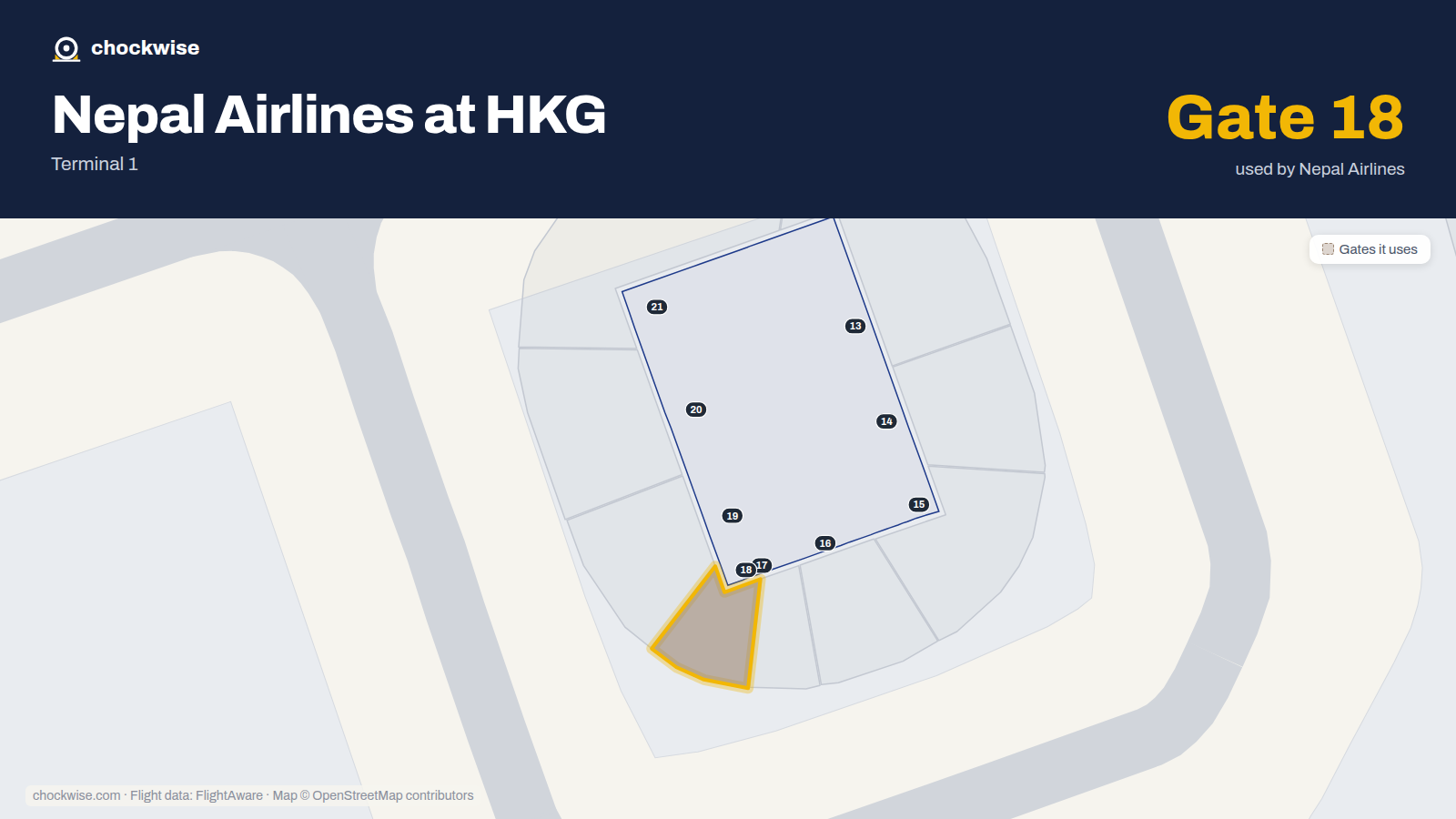 Map of HKG with the gates Nepal Airlines uses highlighted: 18.