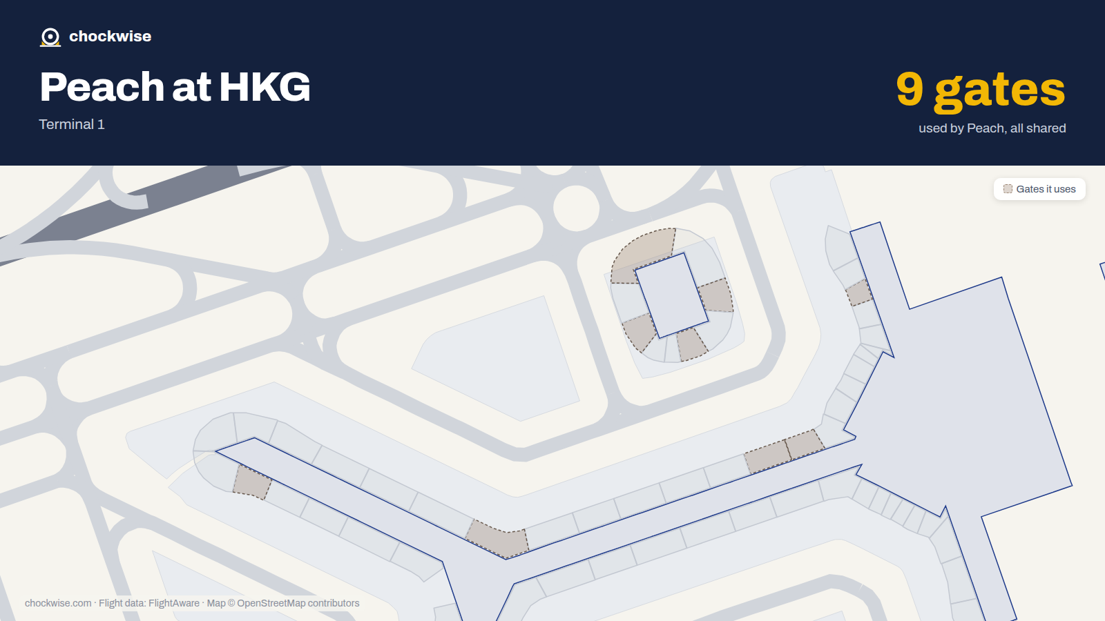 Map of HKG with the gates Peach Aviation uses highlighted: 7, 12, 14, 16, 19, 21, 24, 36 and 1 more.