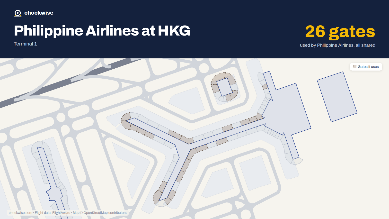Map of HKG with the gates Philippine Airlines uses highlighted: 7, 10, 12, 13, 15, 16, 20, 21 and 18 more.