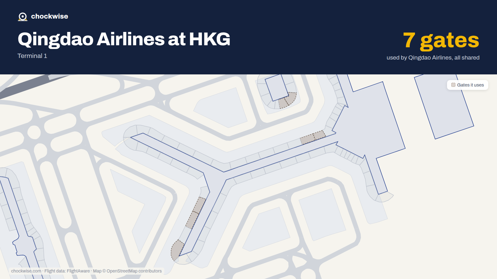 Map of HKG with the gates Qingdao Airlines uses highlighted: 12, 15, 16, 24, 42, 44 and 48.